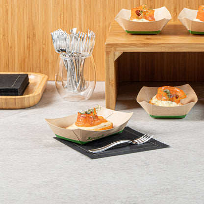 Sustain 4 oz Bamboo Paper # 25 Food Tray / Boat - with PLA Lining, Compostable - 3" x 2" x 1" - 50 count box