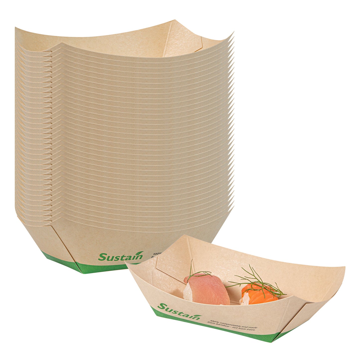Sustain 6 oz Bamboo Paper #40 Food Tray / Boat - with PLA Lining, Compostable - 3 1/4" x 2" x 1 1/2" - 50 count box
