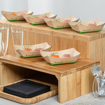 Sustain 6 oz Bamboo Paper #40 Food Tray / Boat - with PLA Lining, Compostable - 3 1/4" x 2" x 1 1/2" - 50 count box