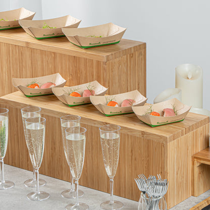 Sustain 6 oz Bamboo Paper #40 Food Tray / Boat - with PLA Lining, Compostable - 3 1/4" x 2" x 1 1/2" - 50 count box