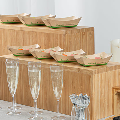 Sustain 6 oz Bamboo Paper #40 Food Tray / Boat - with PLA Lining, Compostable - 3 1/4" x 2" x 1 1/2" - 50 count box