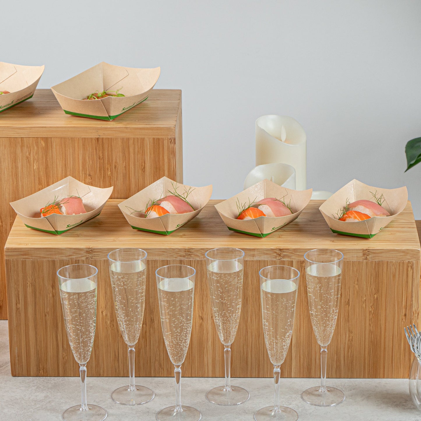 Sustain 6 oz Bamboo Paper #40 Food Tray / Boat - with PLA Lining, Compostable - 3 1/4" x 2" x 1 1/2" - 50 count box