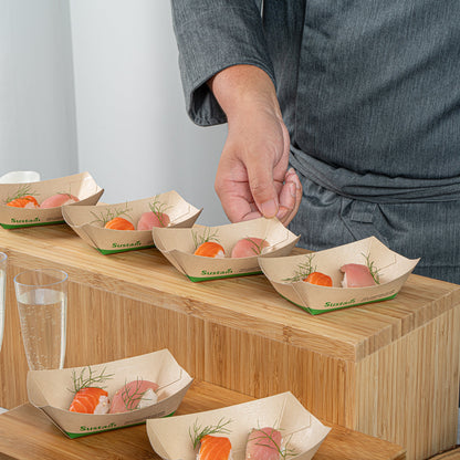 Sustain 6 oz Bamboo Paper #40 Food Tray / Boat - with PLA Lining, Compostable - 3 1/4" x 2" x 1 1/2" - 400 count box
