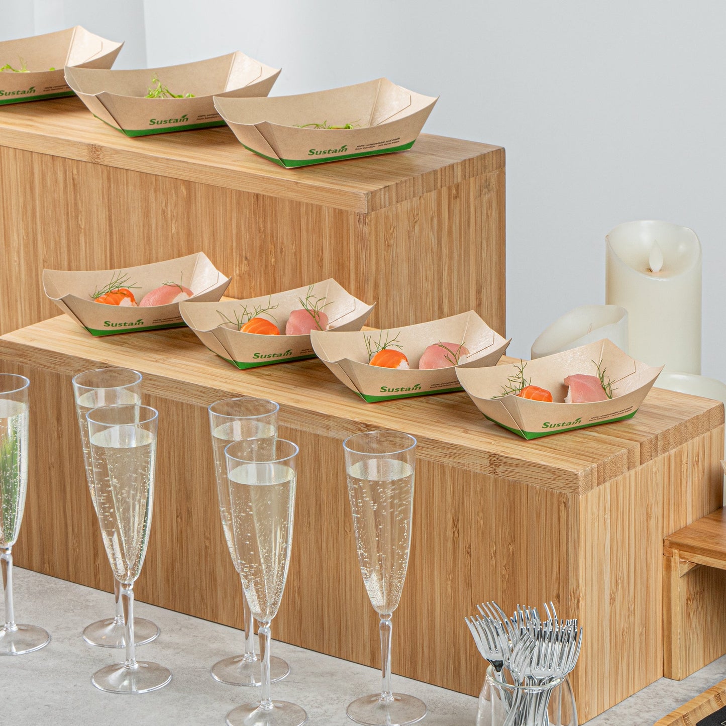 Sustain 6 oz Bamboo Paper #40 Food Tray / Boat - with PLA Lining, Compostable - 3 1/4" x 2" x 1 1/2" - 400 count box