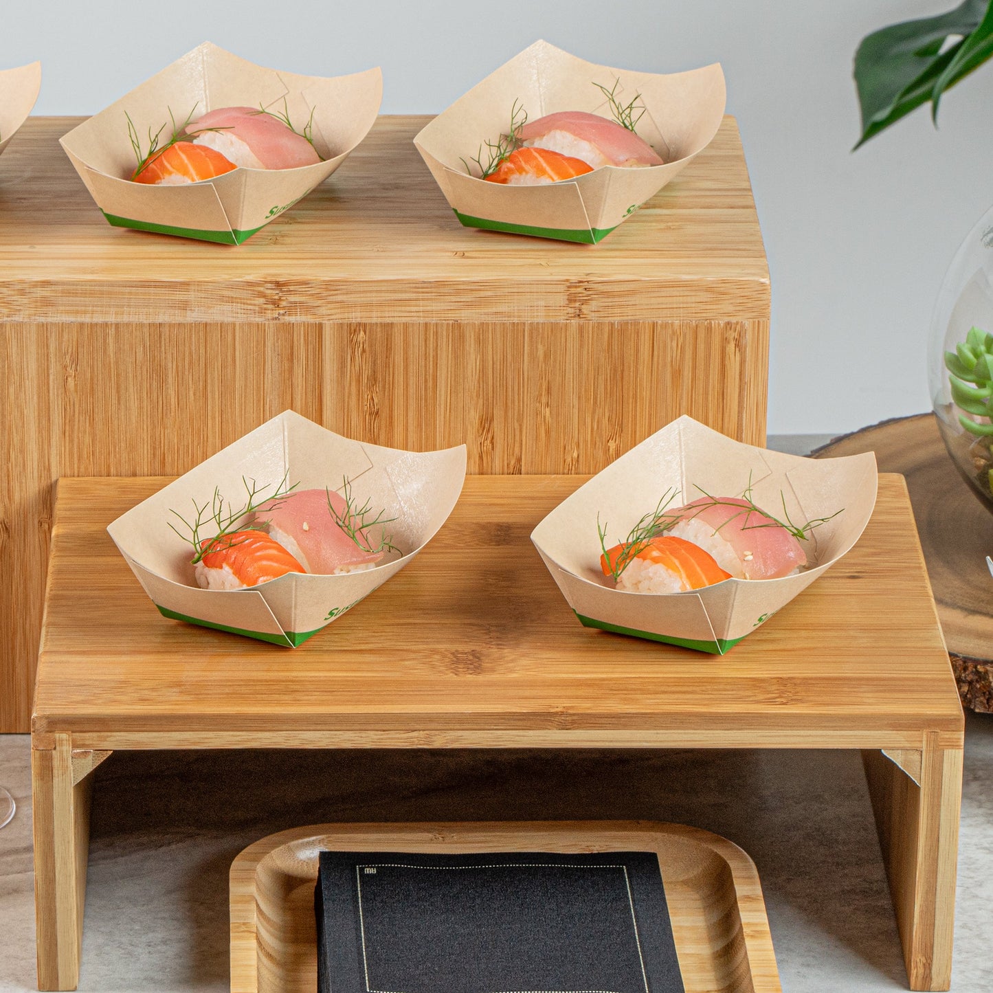 Sustain 6 oz Bamboo Paper #40 Food Tray / Boat - with PLA Lining, Compostable - 3 1/4" x 2" x 1 1/2" - 400 count box