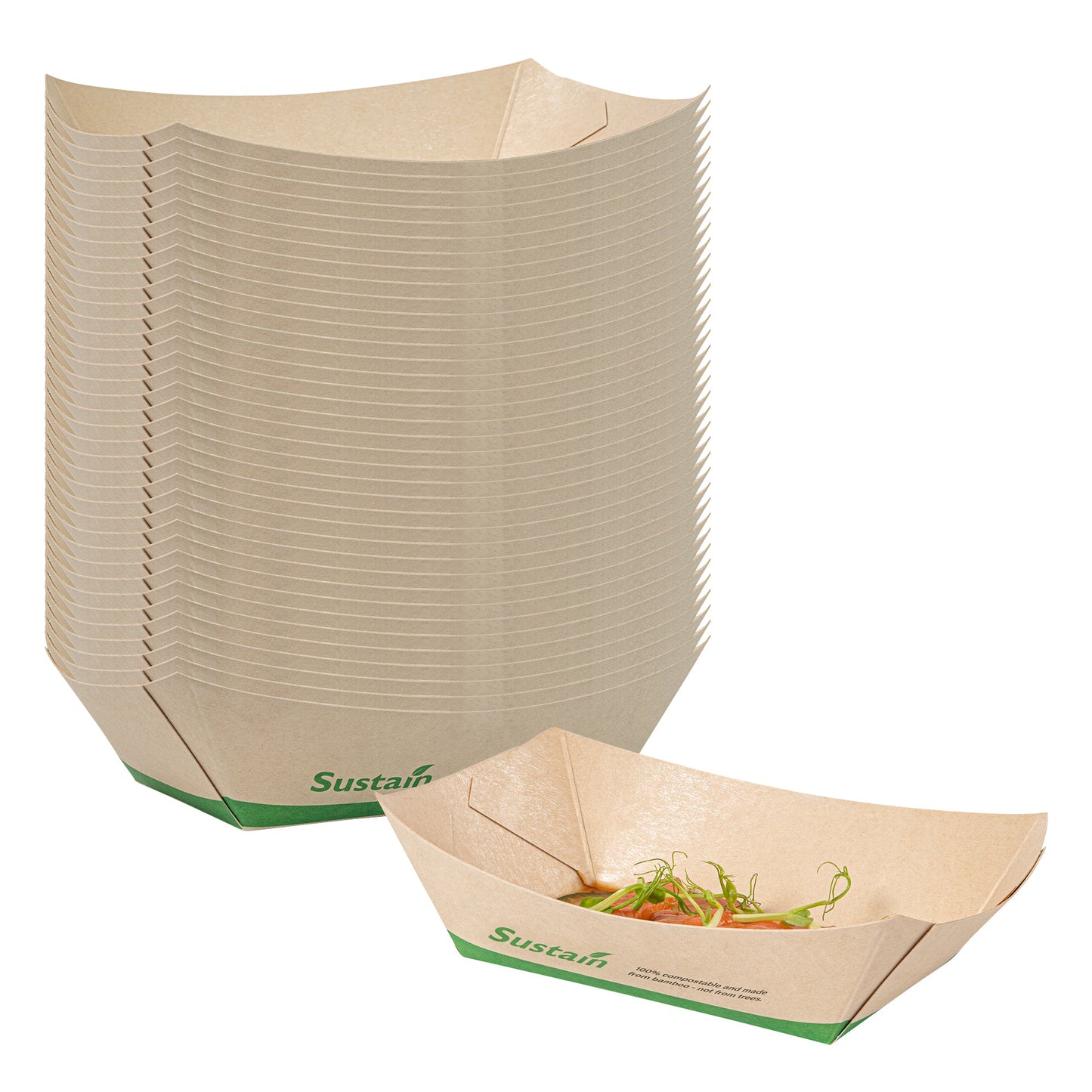 Sustain 1/2 lb Bamboo Paper #50 Food Tray / Boat - with PLA Lining, Compostable - 4 1/4" x 2 3/4" x 1 1/2" - 400 count box