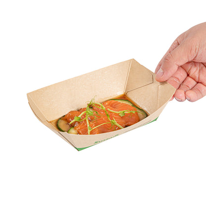 Sustain 1/2 lb Bamboo Paper #50 Food Tray / Boat - with PLA Lining, Compostable - 4 1/4" x 2 3/4" x 1 1/2" - 400 count box