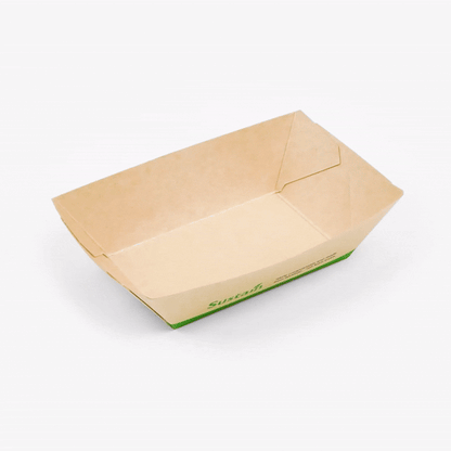 Sustain 1/2 lb Bamboo Paper #50 Food Tray / Boat - with PLA Lining, Compostable - 4 1/4" x 2 3/4" x 1 1/2" - 400 count box