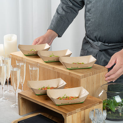 Sustain 1/2 lb Bamboo Paper #50 Food Tray / Boat - with PLA Lining, Compostable - 4 1/4" x 2 3/4" x 1 1/2" - 400 count box