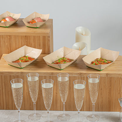 Sustain 1/2 lb Bamboo Paper #50 Food Tray / Boat - with PLA Lining, Compostable - 4 1/4" x 2 3/4" x 1 1/2" - 400 count box