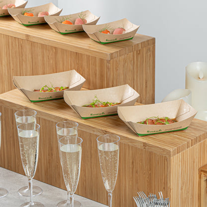Sustain 1/2 lb Bamboo Paper #50 Food Tray / Boat - with PLA Lining, Compostable - 4 1/4" x 2 3/4" x 1 1/2" - 400 count box
