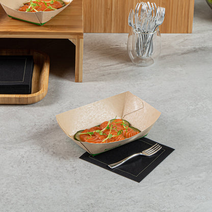 Sustain 1/2 lb Bamboo Paper #50 Food Tray / Boat - with PLA Lining, Compostable - 4 1/4" x 2 3/4" x 1 1/2" - 400 count box