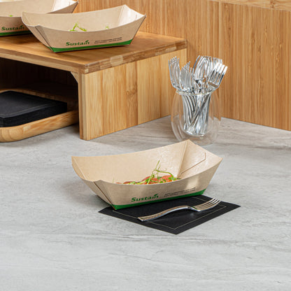 Sustain 1/2 lb Bamboo Paper #50 Food Tray / Boat - with PLA Lining, Compostable - 4 1/4" x 2 3/4" x 1 1/2" - 400 count box