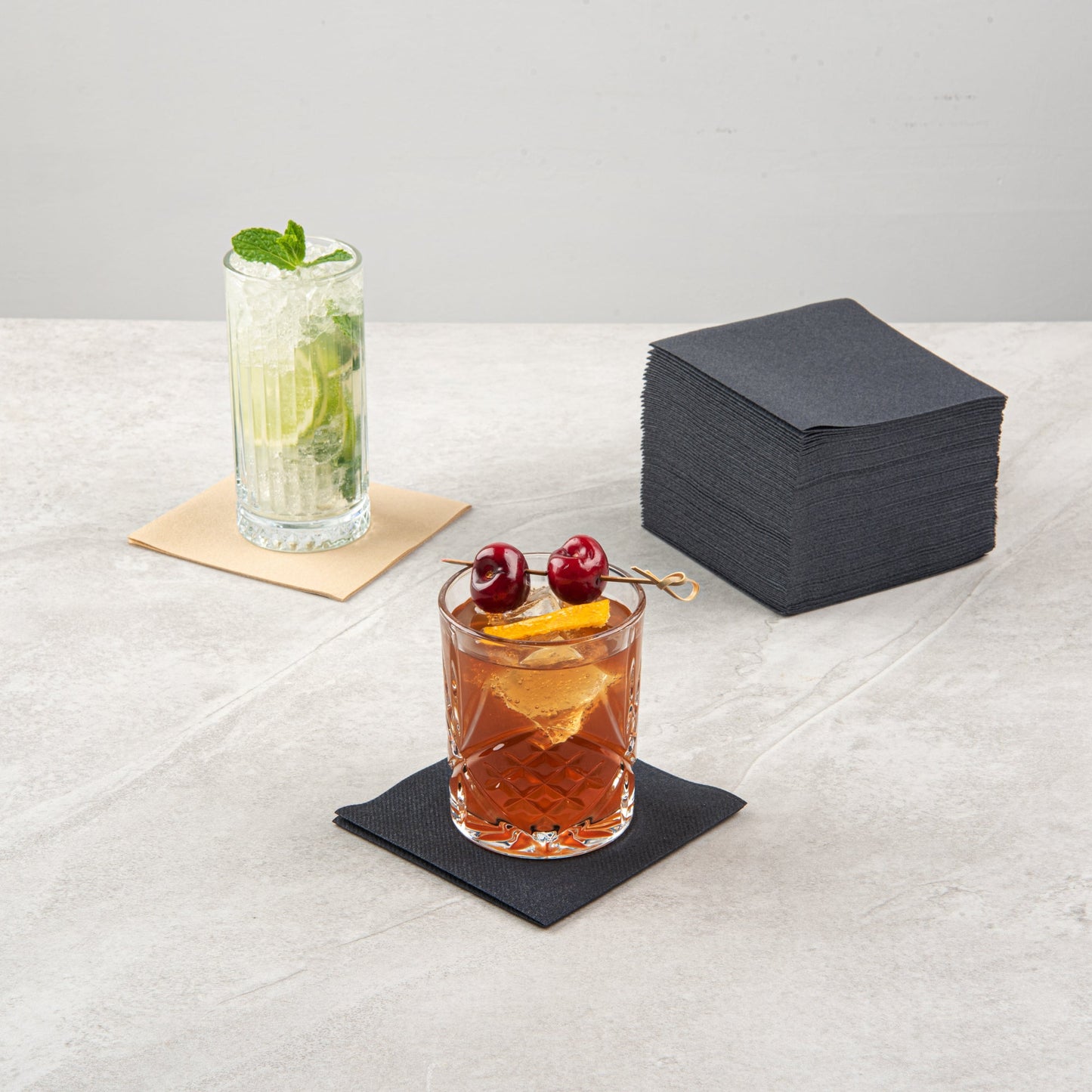 Luxenap Square Black Paper Linen-Feel Cocktail Napkin - Air Laid - 9 1/2" x 9 1/2" - 50 count box