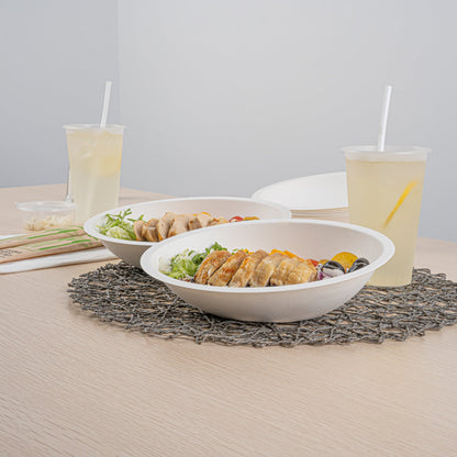 Pulp Safe No PFAS Added 16 oz Oval White Sugarcane / Bagasse Bowl - Home Compostable - 8 3/4" x 6 3/4" x 2 1/4" - 25 count box