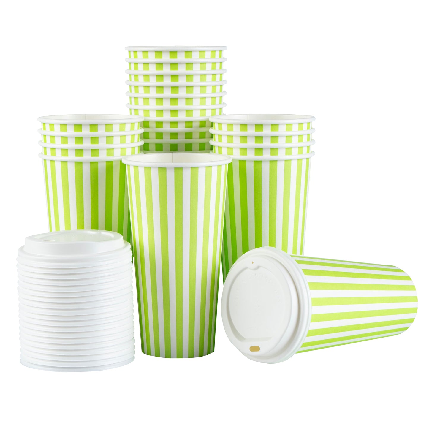 Restpresso 20 oz Green and White Stripe Paper Single Wall Coffee Cup - with White Lid - 3 1/2"x 3 1/2"x 6 1/2" - 20 count box