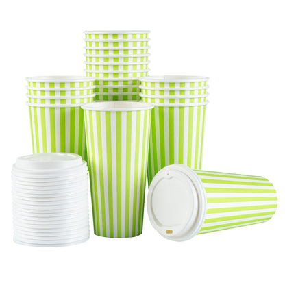 Restpresso 20 oz Green and White Stripe Paper Single Wall Coffee Cup - with White Lid - 3 1/2"x 3 1/2"x 6 1/2" - 20 count box
