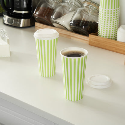Restpresso 20 oz Green and White Stripe Paper Single Wall Coffee Cup - with White Lid - 3 1/2"x 3 1/2"x 6 1/2" - 20 count box