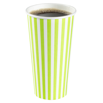 Restpresso 20 oz Green and White Stripe Paper Single Wall Coffee Cup - with White Lid - 3 1/2"x 3 1/2"x 6 1/2" - 20 count box