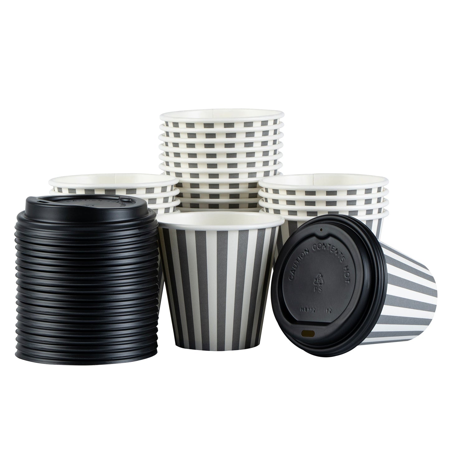 Restpresso 8 oz Gray and White Stripe Paper Single Wall Coffee Cup - with Black Lid - 3 1/2" x 3 1/2" x 3 1/4" - 20 count box