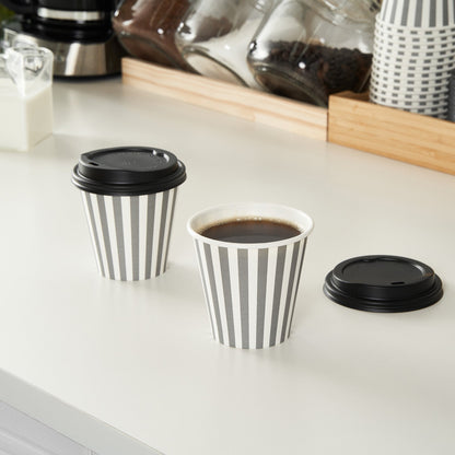 Restpresso 8 oz Gray and White Stripe Paper Single Wall Coffee Cup - with Black Lid - 3 1/2" x 3 1/2" x 3 1/4" - 20 count box