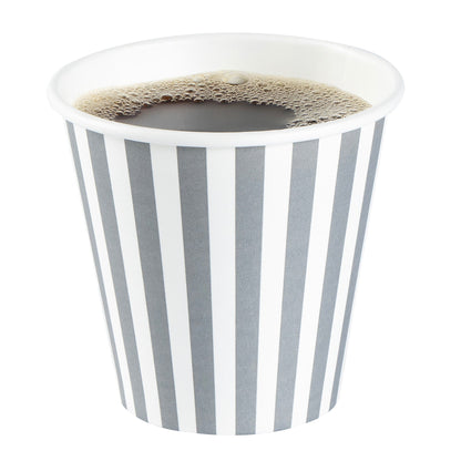 Restpresso 8 oz Gray and White Stripe Paper Single Wall Coffee Cup - with Black Lid - 3 1/2" x 3 1/2" x 3 1/4" - 20 count box