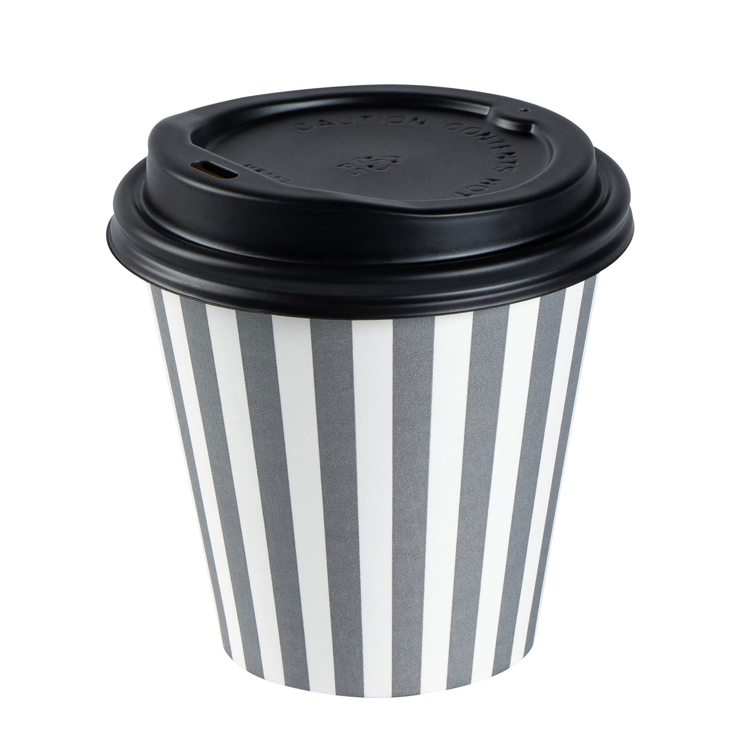 Restpresso 8 oz Gray and White Stripe Paper Single Wall Coffee Cup - with Black Lid - 3 1/2" x 3 1/2" x 3 1/4" - 20 count box