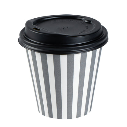 Restpresso 8 oz Gray and White Stripe Paper Single Wall Coffee Cup - with Black Lid - 3 1/2" x 3 1/2" x 3 1/4" - 20 count box
