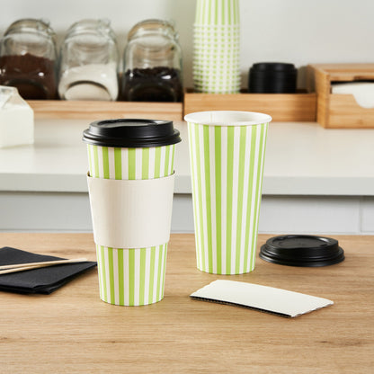 Restpresso 20 oz Green and White Stripe Paper Single Wall Coffee Cup - with Black Lid - 3 1/2"x 3 1/2"x 6 1/4" - 400 count box