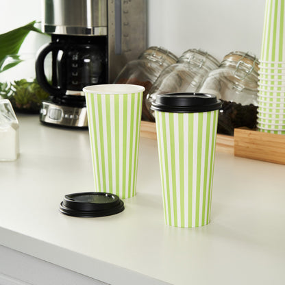 Restpresso 20 oz Green and White Stripe Paper Single Wall Coffee Cup - with Black Lid - 3 1/2"x 3 1/2"x 6 1/4" - 400 count box
