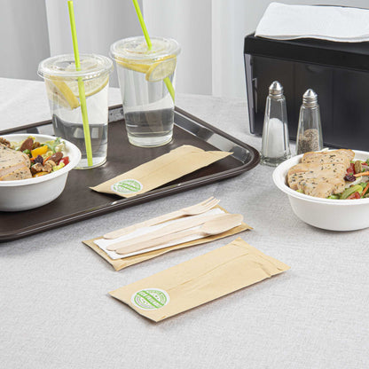 Eco Luxe Natural Wood Cutlery Set - with Napkin and Paper Pouch - 7" x 3 1/2" - 100 count box