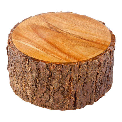 Eco Display Round Natural Acacia Medium Riser - Varnished, Bark Edges - 6" x 6" x 3" - 1 count box