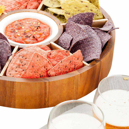 Eco Display Aperitivo Round Natural Acacia Chip and Dip Plate - 6 Compartments, Porcelain Bowl - 12" x 12" x 1 1/2" - 1 count box