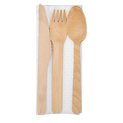 Eco Luxe Natural Wood Flatware Kit - Tied with Twine, with White Napkin - 6 1/2" x 1 1/2" x 1/2" - 100 count box