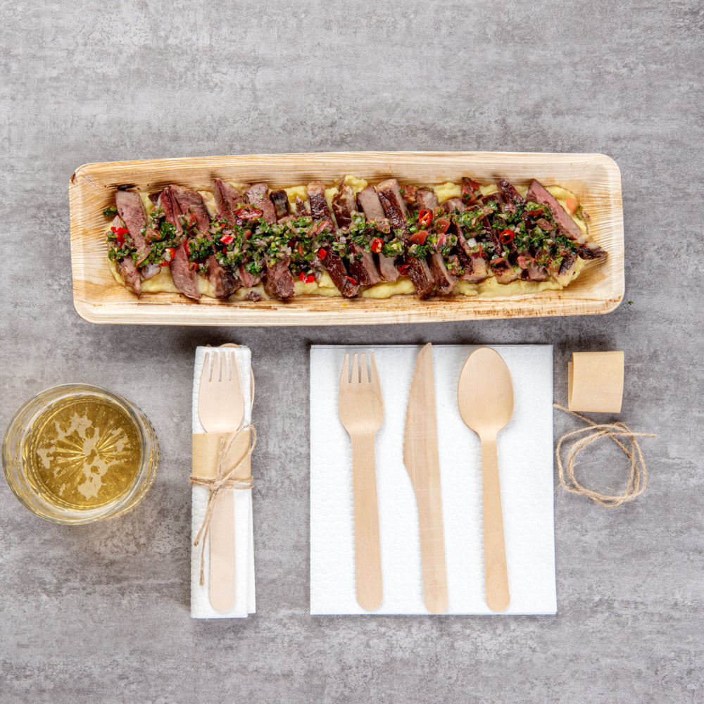Eco Luxe Natural Wood Flatware Kit - Tied with Twine, with White Napkin - 6 1/2" x 1 1/2" x 1/2" - 100 count box