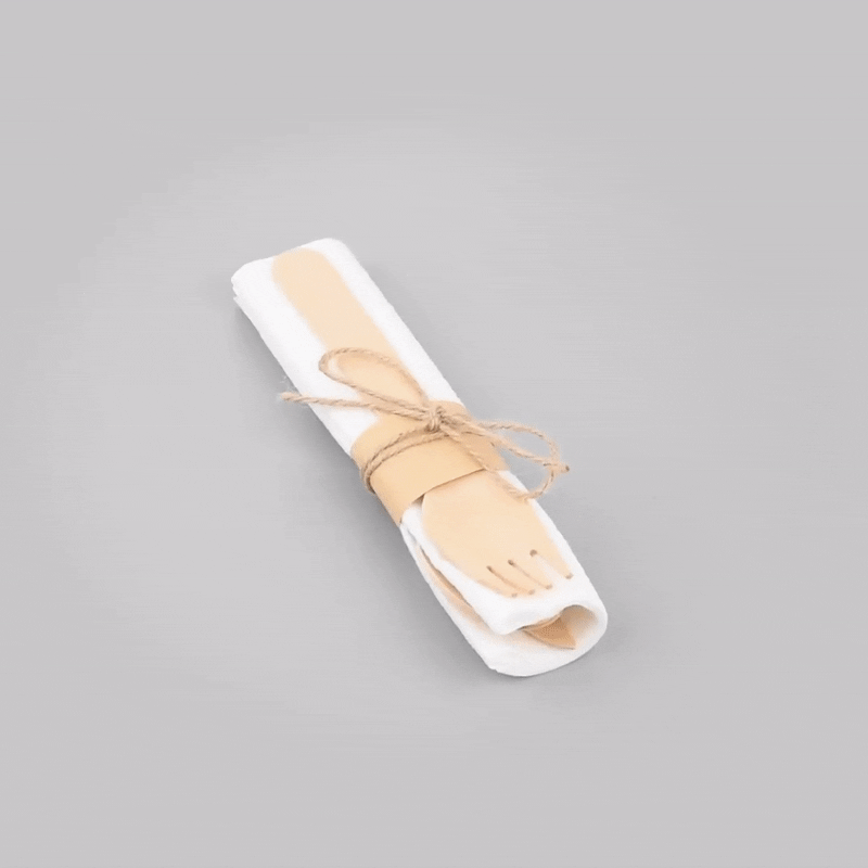 Eco Luxe Natural Wood Flatware Kit - Tied with Twine, with White Napkin - 6 1/2" x 1 1/2" x 1/2" - 100 count box