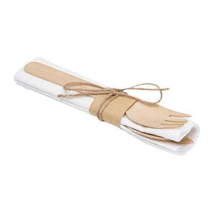 Eco Luxe Natural Wood Flatware Kit - Tied with Twine, with White Napkin - 6 1/2" x 1 1/2" x 1/2" - 100 count box