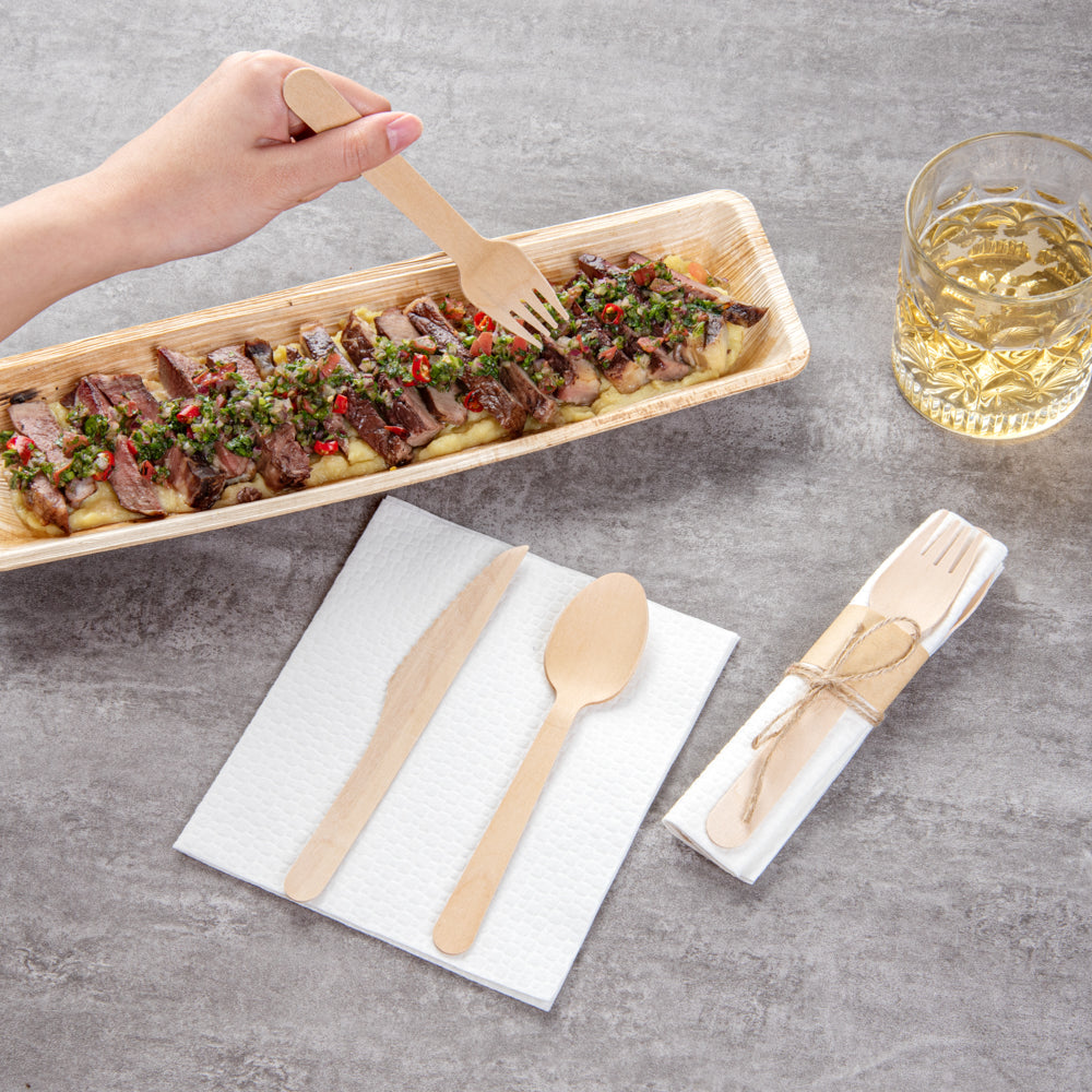 Eco Luxe Natural Wood Flatware Kit - Tied with Twine, with White Napkin - 6 1/2" x 1 1/2" x 1/2" - 100 count box