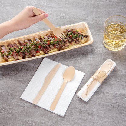 Eco Luxe Natural Wood Flatware Kit - Tied with Twine, with White Napkin - 6 1/2" x 1 1/2" x 1/2" - 100 count box