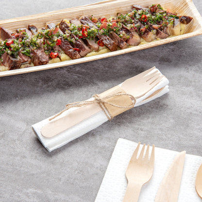 Eco Luxe Natural Wood Flatware Kit - Tied with Twine, with White Napkin - 6 1/2" x 1 1/2" x 1/2" - 100 count box