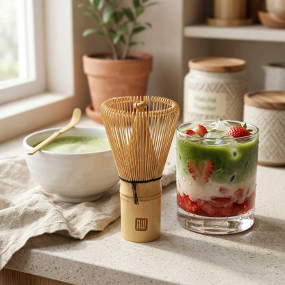 Dojo Natural Bamboo Matcha Whisk Chasen - Clear Plastic Case - 2 1/4" x 2 1/4" x 4" - 1 count box