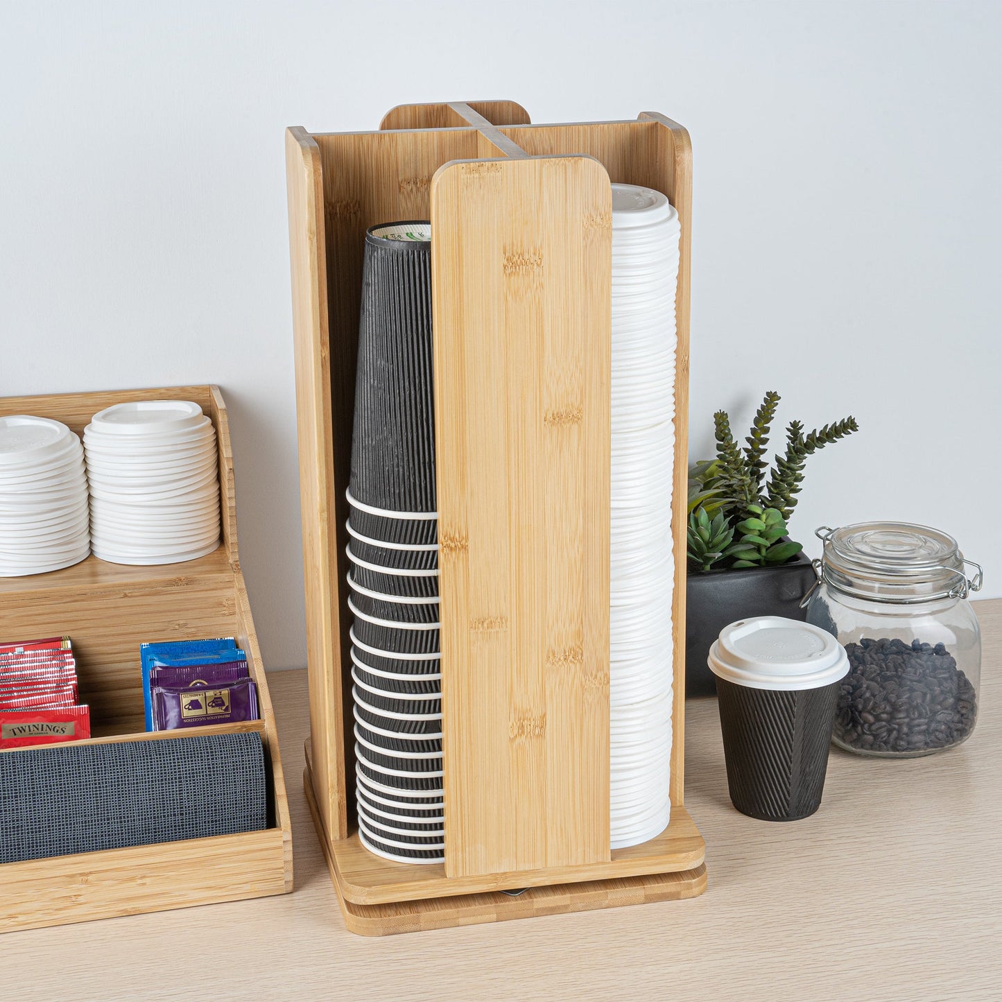 Restpresso Natural Bamboo Coffee Cup / Lid Organizer - 4 Section, Revolving - 9" x 9" x 18" - 1 count box
