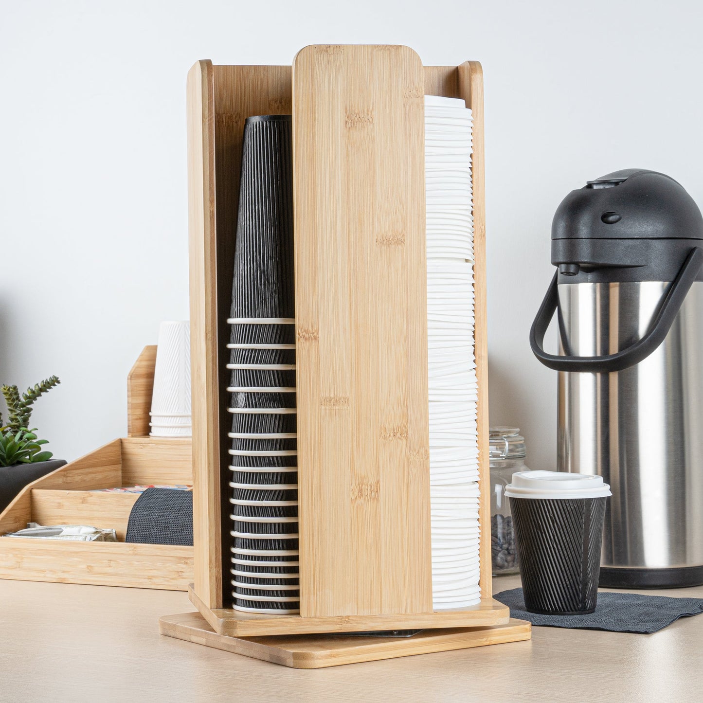 Restpresso Natural Bamboo Coffee Cup / Lid Organizer - 4 Section, Revolving - 9" x 9" x 18" - 1 count box
