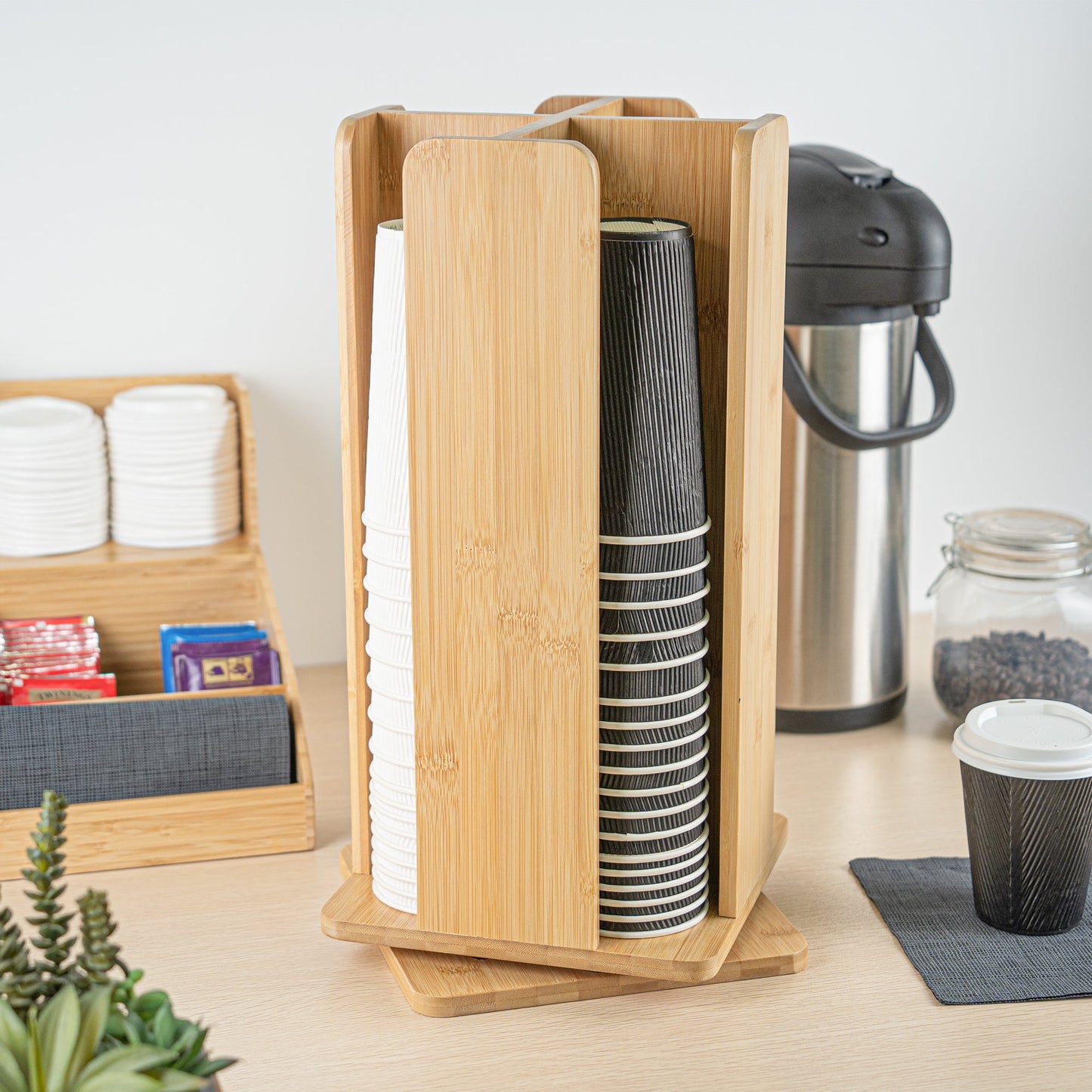 Restpresso Natural Bamboo Coffee Cup / Lid Organizer - 4 Section, Revolving - 9" x 9" x 18" - 1 count box