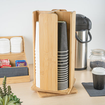Restpresso Natural Bamboo Coffee Cup / Lid Organizer - 4 Section, Revolving - 9" x 9" x 18" - 1 count box