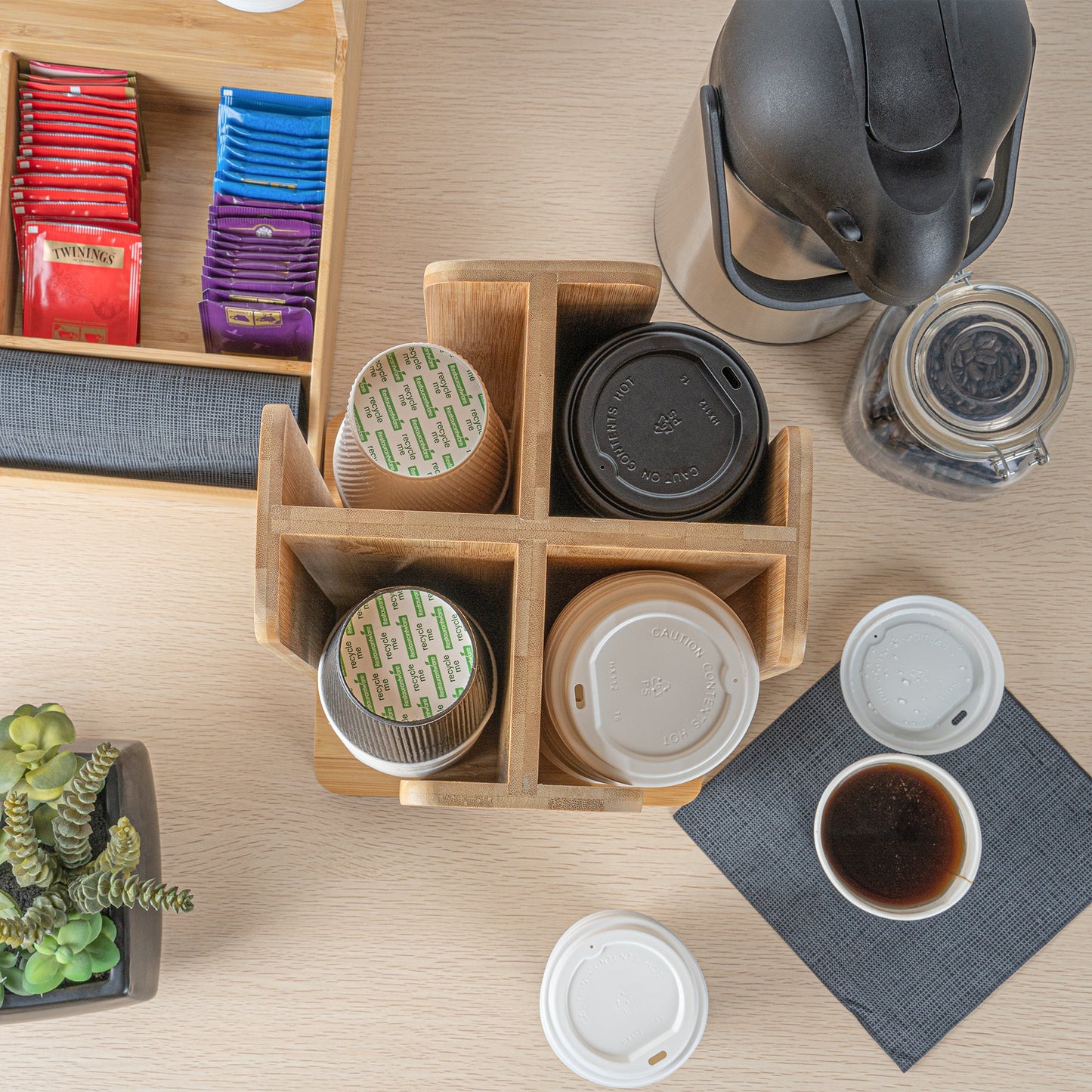 Restpresso Natural Bamboo Coffee Cup / Lid Organizer - 4 Section, Revolving - 9" x 9" x 18" - 1 count box