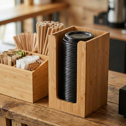 Restpresso Natural Bamboo Coffee Cup / Lid / Cocktail Napkin Organizer - 4 1/2" x 4 1/2" x 8" - 1 count box