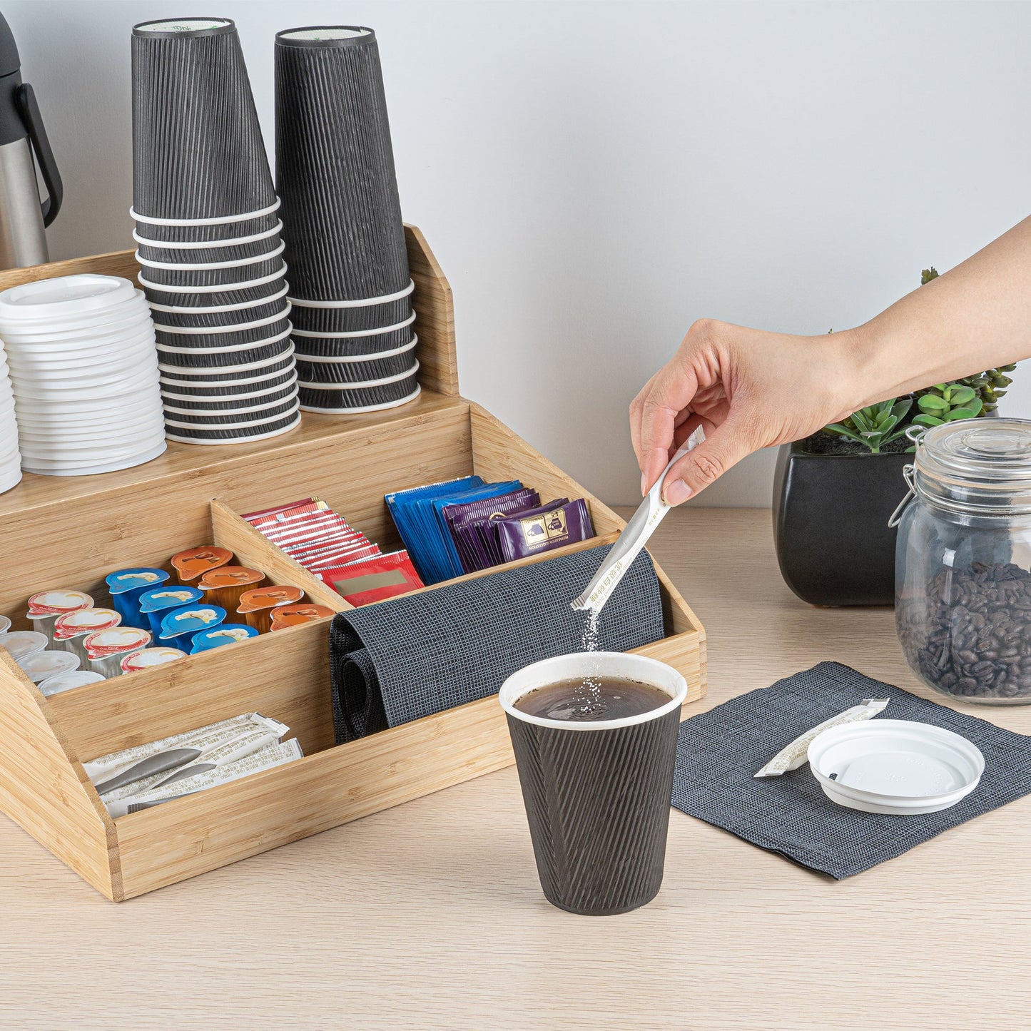 Restpresso Natural Bamboo Condiment / Coffee Cup / Lid Organizer - 15" x 14 1/4" x 9 1/4" - 1 count box