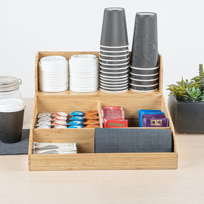 Restpresso Natural Bamboo Condiment / Coffee Cup / Lid Organizer - 15" x 14 1/4" x 9 1/4" - 1 count box