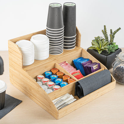 Restpresso Natural Bamboo Condiment / Coffee Cup / Lid Organizer - 15" x 14 1/4" x 9 1/4" - 1 count box